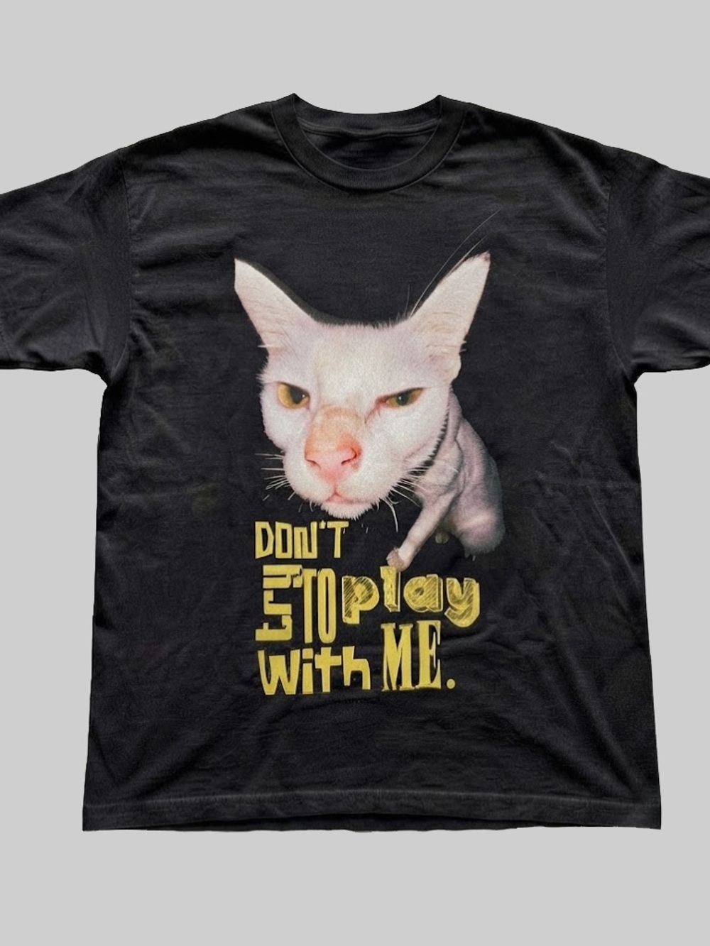 Gildan Black Tee with White Cat Face and Yellow Text